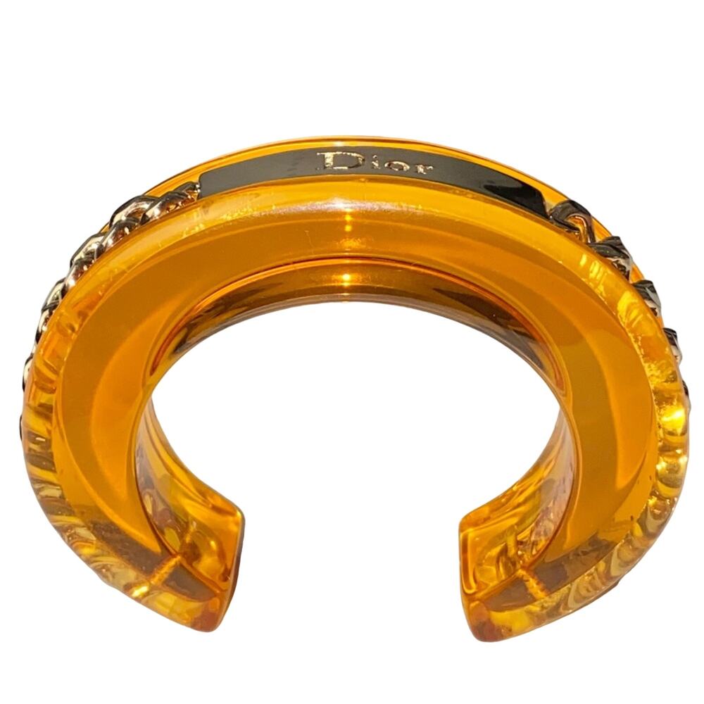 AUTH VTG Christian Dior Orange Lucite Gold Chain Nameplate Logo Cuff Bracelet - Picture 6 of 15